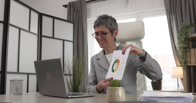 Mature woman share statistics have consultation via video call office