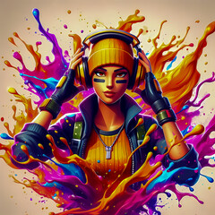 Splash art vibrant colorful character with headphones vibin to music