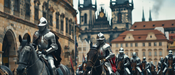 Knights on horseback in historical armor parading through an old European city square.