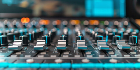 Obraz premium close up of the sound board inside a recording studio, Equalizer of mixing console,