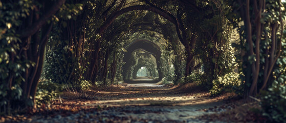 Sunlight filters through a serene, leafy green tunnel in a peaceful natural setting.