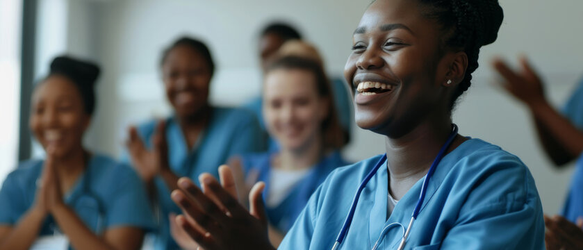 Group of medical professionals clapping joyfully in a seminar, showing support and positive teamwork.