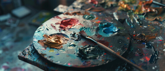 Close-up view of a vibrant artist's palette, awash with textural splashes of colorful paint.