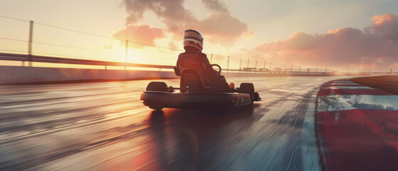 A go-kart racer speeds on a track at sunset, focused on the thrilling ride.