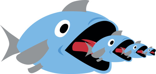 A cartoon big blue fish eating little fishes. Vector illustration