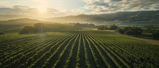 Sunrise splendor over lush vineyard rows with rolling hills on the horizon. - Powered by Adobe