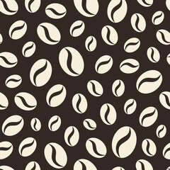 White stylized coffee beans on brown background. Vector seamless pattern.