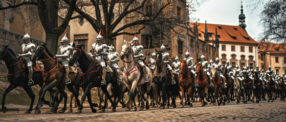 A historic cavalry procession with uniformed riders on horseback parading through a European city street.
