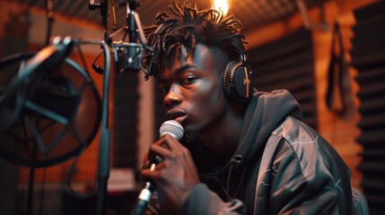 Young African American Male Musician Recording Vocals in Studio. Generative ai