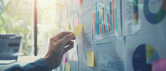 An office professional analyzes colorful data charts, engrossed in strategic planning with focus.