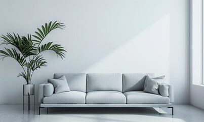 3d rendering, Minimalist living room with sofa and blank white wall for mockup or interior design