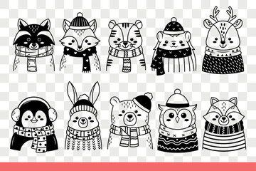 Animals in winter clothes and scarves with hats ready to celebrate christmas. Cute forest animals and penguin with owl are warmly dressed for walks in snowy december weather. Hand drawn doodle