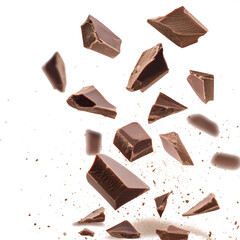 Pile chopped, milled chocolate pieces isolated on white, top view, png transparent background