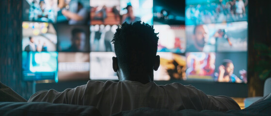 Man engrossed in an array of screens showing diverse multimedia content at home.