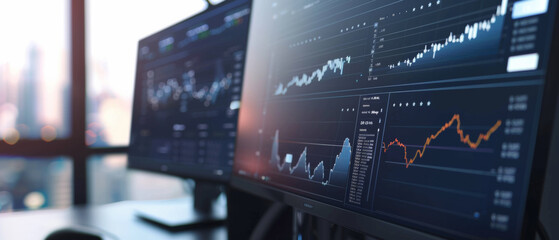 Financial data streams across multiple monitors in a high-tech trading floor.