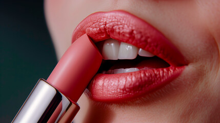 close up of a woman lips putting lipstick on. soft pink nude lip. beauty style. make up. cosmetics. - Powered by Adobe