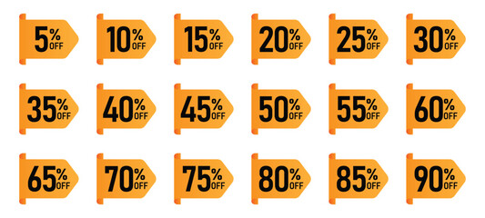 discount sticker product tag set. shopping discount label badge with 5 to 90 percent off. vector symbol on transparent background.