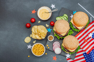 Homemade burgers. An American classic, traditional food for picnic or celebration Independence Day