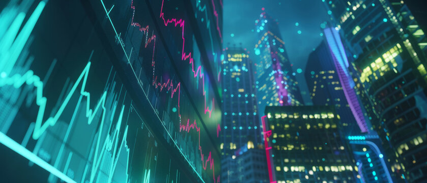 Vibrant financial district with stock market lines overlay, symbolizing economic pulse.