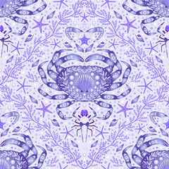Crustacean Coral seamless pattern. blue crab emperor shrimp conch shell pearl starfish coral reef background. Marine life and underwater theme. good for fabric, fashion design,  wallpaper, textile.