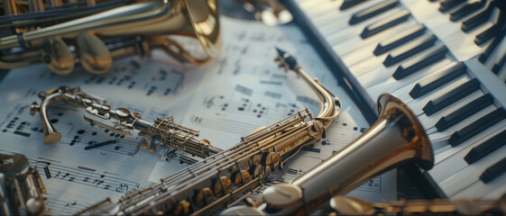 Obraz premium Assorted brass wind instruments on sheet music, expression of musical harmony.