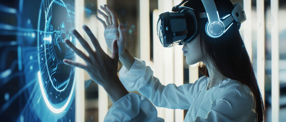 Enthralled by virtual worlds, a woman with VR headset reaches into the digital cosmos, immersed in innovation.