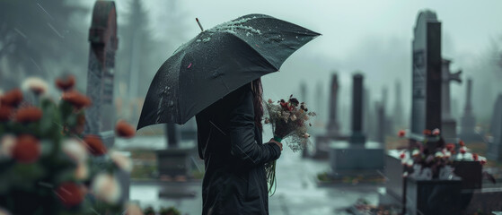 A solitary figure stands amidst rain-drenched gravestones, conveying a poignant moment of remembrance.
