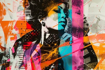Closeup painting of a womans face with vibrant colors blending in an artistic collage of retro and contemporary styles