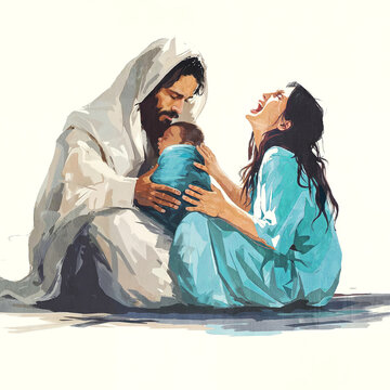Jesus comforts a baby and mother