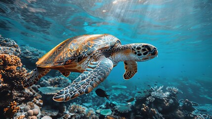   A turtle swims above a coral reef, with sunlight filtering down