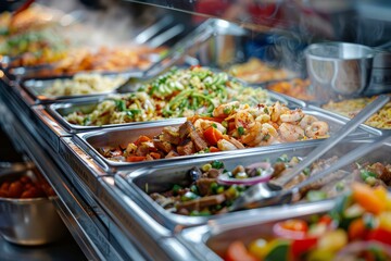 A closeup view of a buffet line filled with trays of colorful and appetizing dishes ready to be served