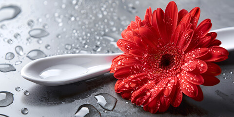  gerbera flower on spa spoon pink flower with a black background