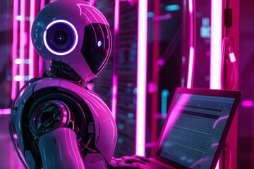 A robotic assistant sitting in front of a laptop computer, illuminated by purple neon lights
