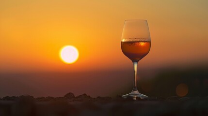 Graceful silhouette of levitating glass of apricot nectar with a sunset backdrop