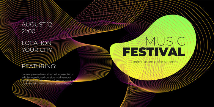 Electronic music festival party horizontal banner with colorful abstract linear gradient. Futuristic electro sound fest liquid outline wave shape flyer design template. Digital club DJ dance eps cover