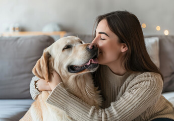 Happy woman with dog kissing her in living room at home, white background
