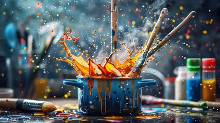 A cooking pot overflowing with art supplies as a metaphor for creative cooking on New Years Day