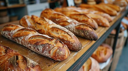   Several loaves of bread stacked on a wooden table with additional breads nearby on another wooden table