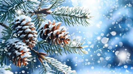 A pine tree branch covered in snow and pine cones