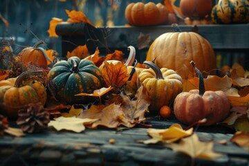 A table covered in pumpkins and leaves