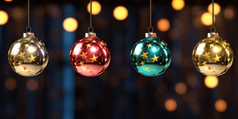 Fototapeta premium Four Christmas ornaments hanging from a string, each with a different color