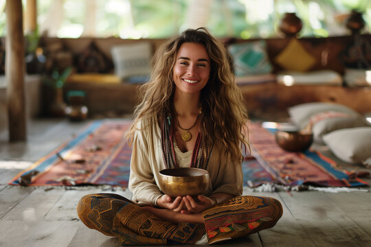 Anonymous woman sitting on the floor surrounded by resonance bowls and candles, holding a bowl in her hands - Powered by Adobe
