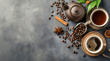 Cup of coffee with cinnamon teapot and beans on grey background