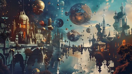 Obraz premium Surreal and Dreamlike Cityscape with Floating Spheres and Fantastical Imagery