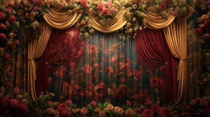 Fototapeta premium Baroque Opulent Floral Backdrop with Golden Scrollwork and Velvet Curtains Background