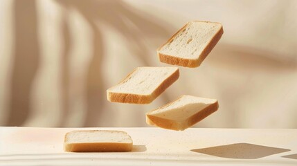 Levitating slices of bread in a serene minimalist arrangement