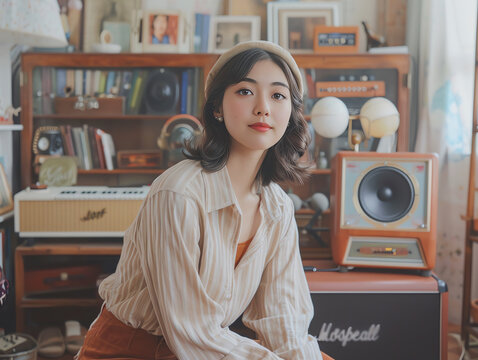 A young woman with short brown hair and a brown beret poses in front of a vintage stereo system. Generative ai.