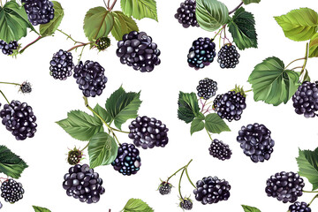 Detailed seamless pattern of blackberries and leaves with shadows on white background