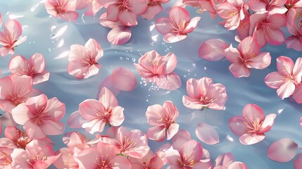 Cherry blossoms adrift on serene water a dance of petals and light