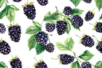 Seamless pattern of blackberries and leaves on a white background